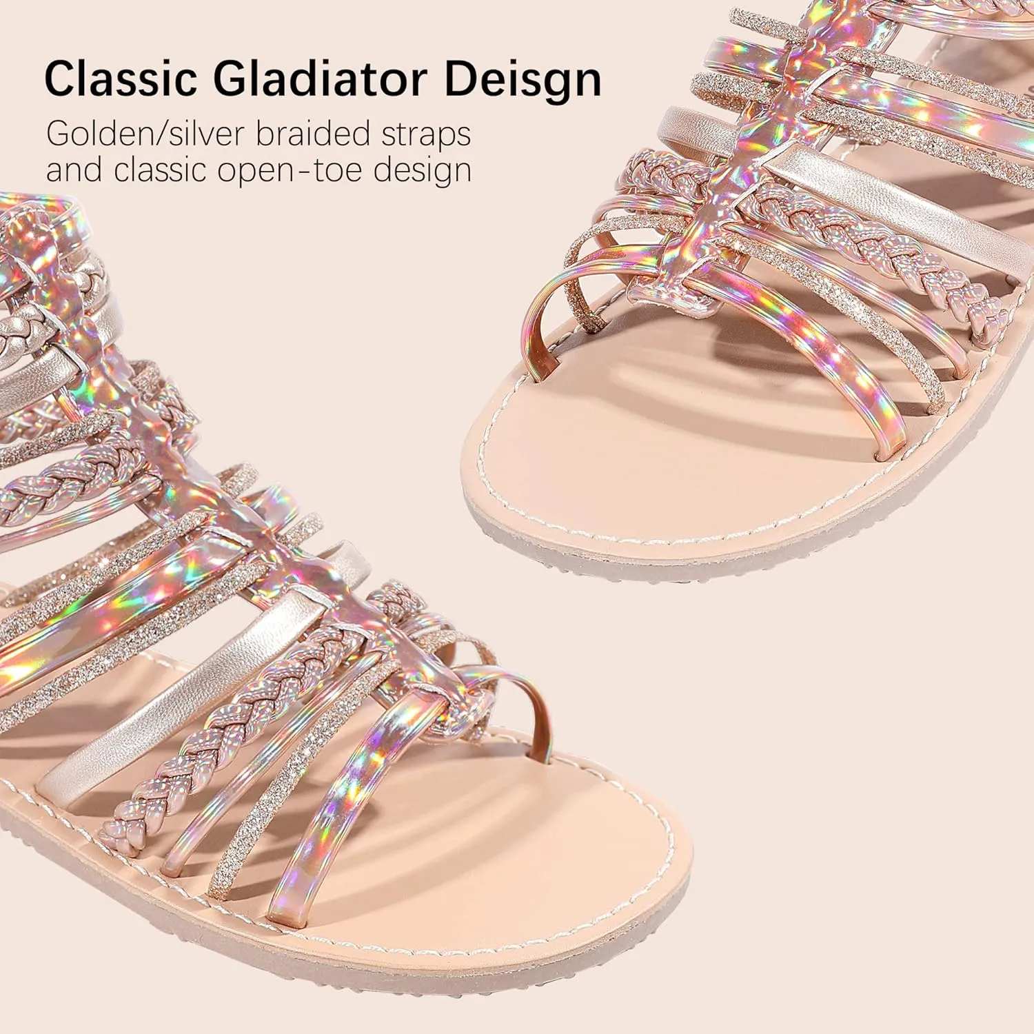 MIXIN Girls Gladiator Sandals Shimmer Strapped Summer Flat Open Toe Ankle Sandals with Heel Zipper for Little/Big Kids