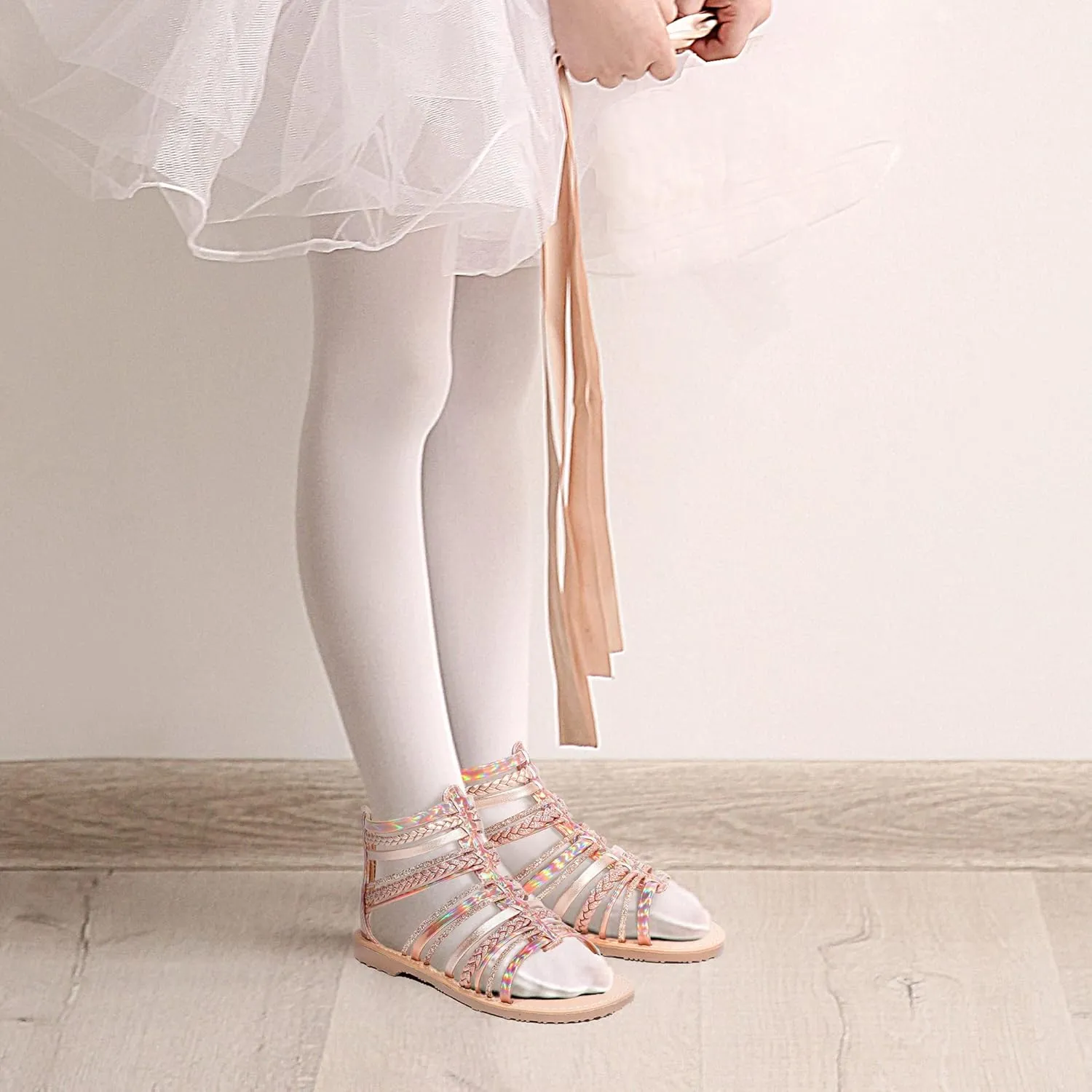 MIXIN Girls Gladiator Sandals Shimmer Strapped Summer Flat Open Toe Ankle Sandals with Heel Zipper for Little/Big Kids