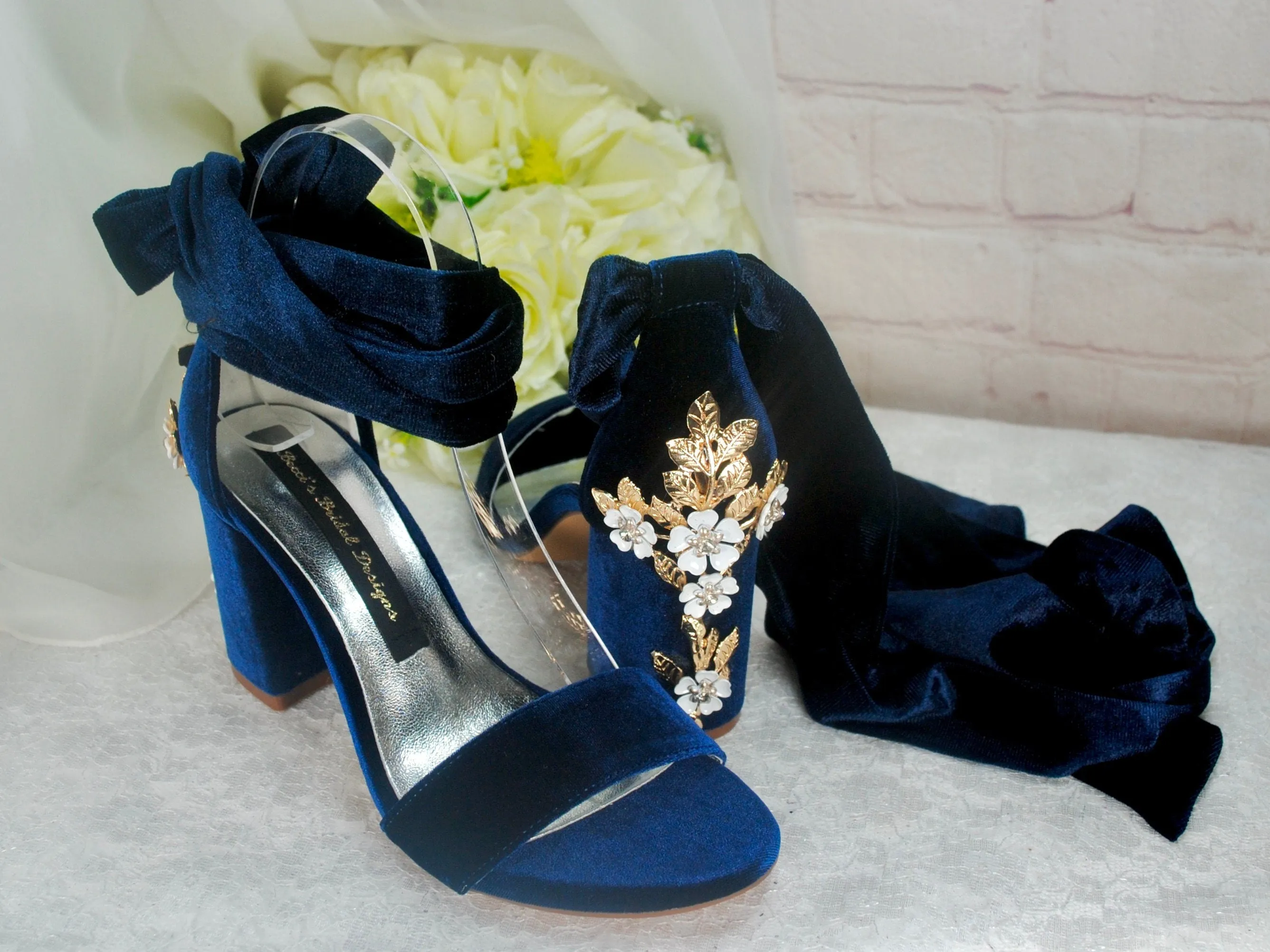 Navy Blue Velvet Block Heels with Cherry Blossom Size UK3 / US5.5