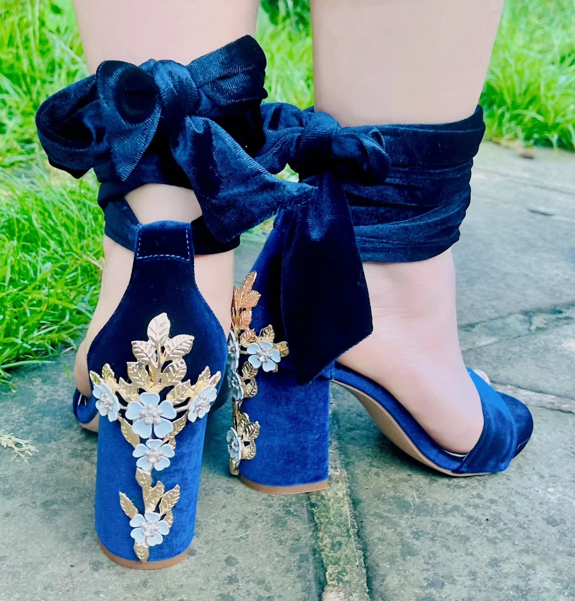 Navy Blue Velvet Block Heels with Cherry Blossom Size UK3 / US5.5