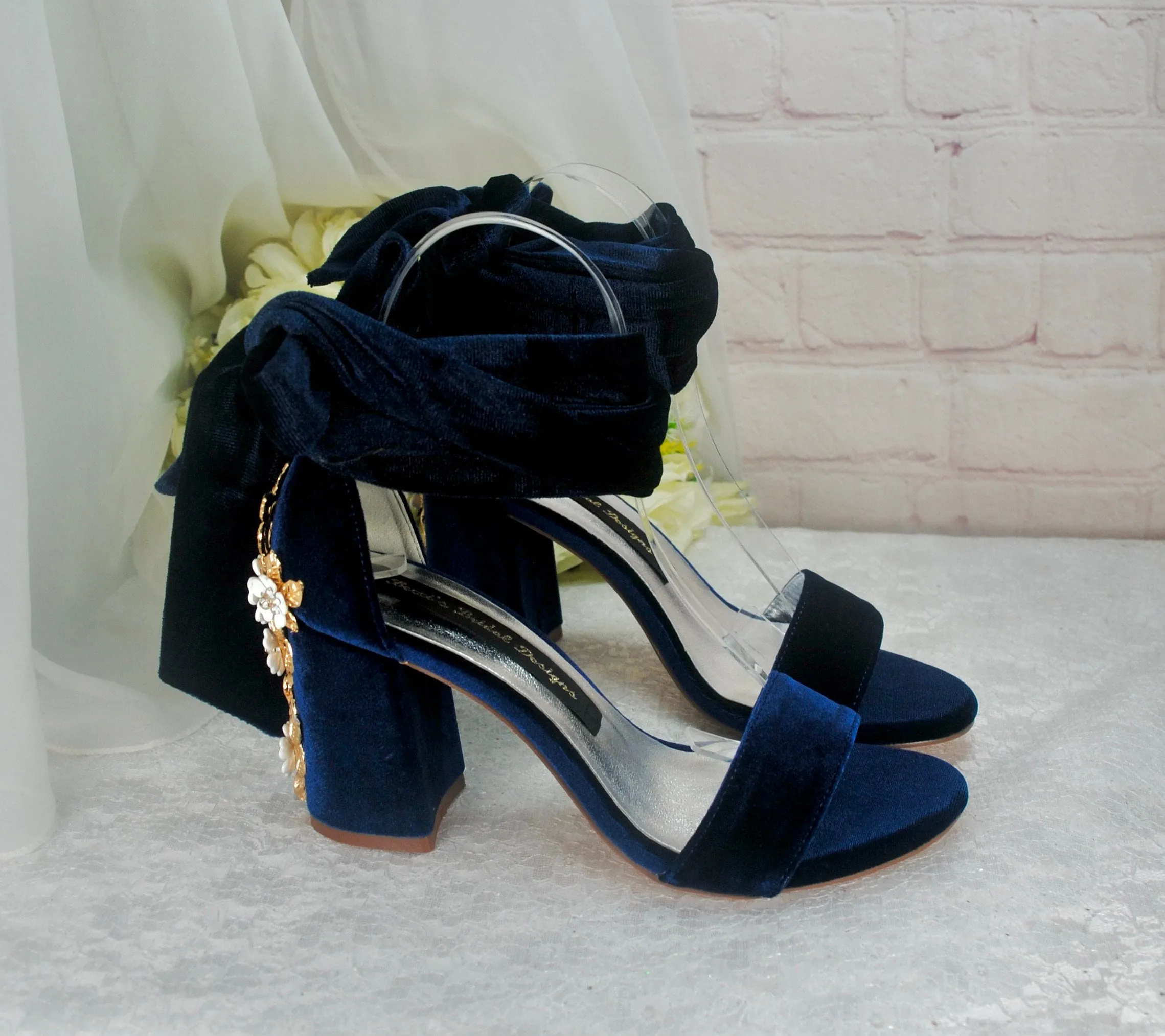 Navy Blue Velvet Block Heels with Cherry Blossom Size UK3 / US5.5