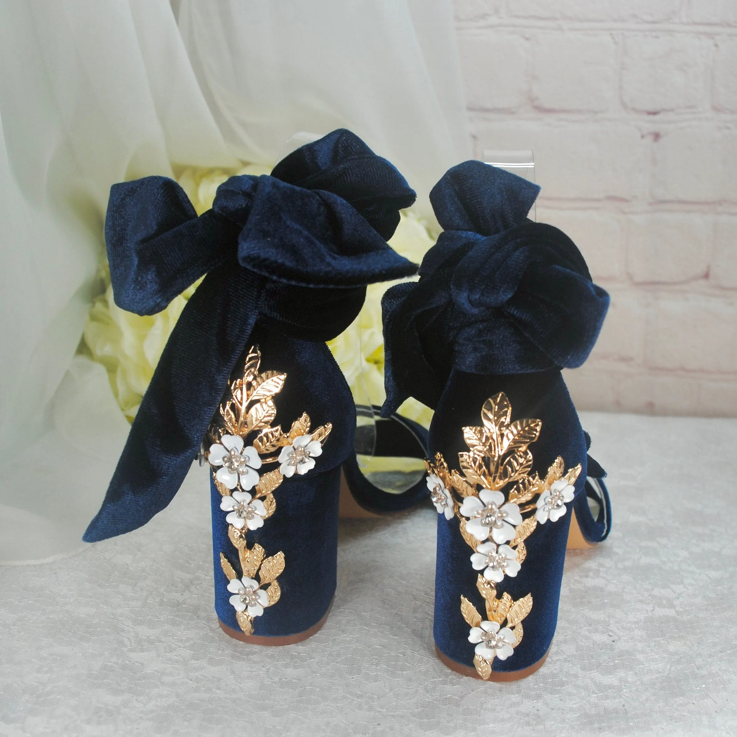 Navy Blue Velvet Block Heels with Cherry Blossom Size UK3 / US5.5