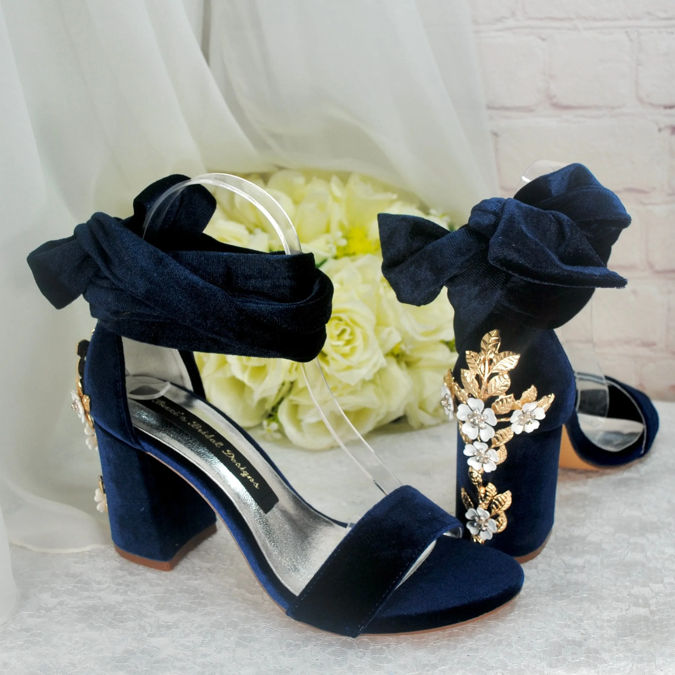 Navy Blue Velvet Block Heels with Cherry Blossom Size UK3 / US5.5