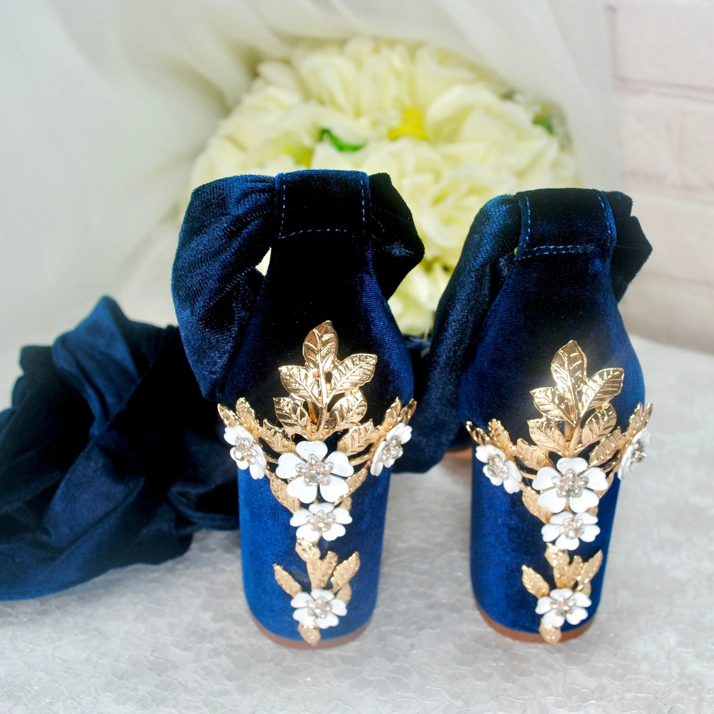Navy Blue Velvet Block Heels with Cherry Blossom Size UK3 / US5.5
