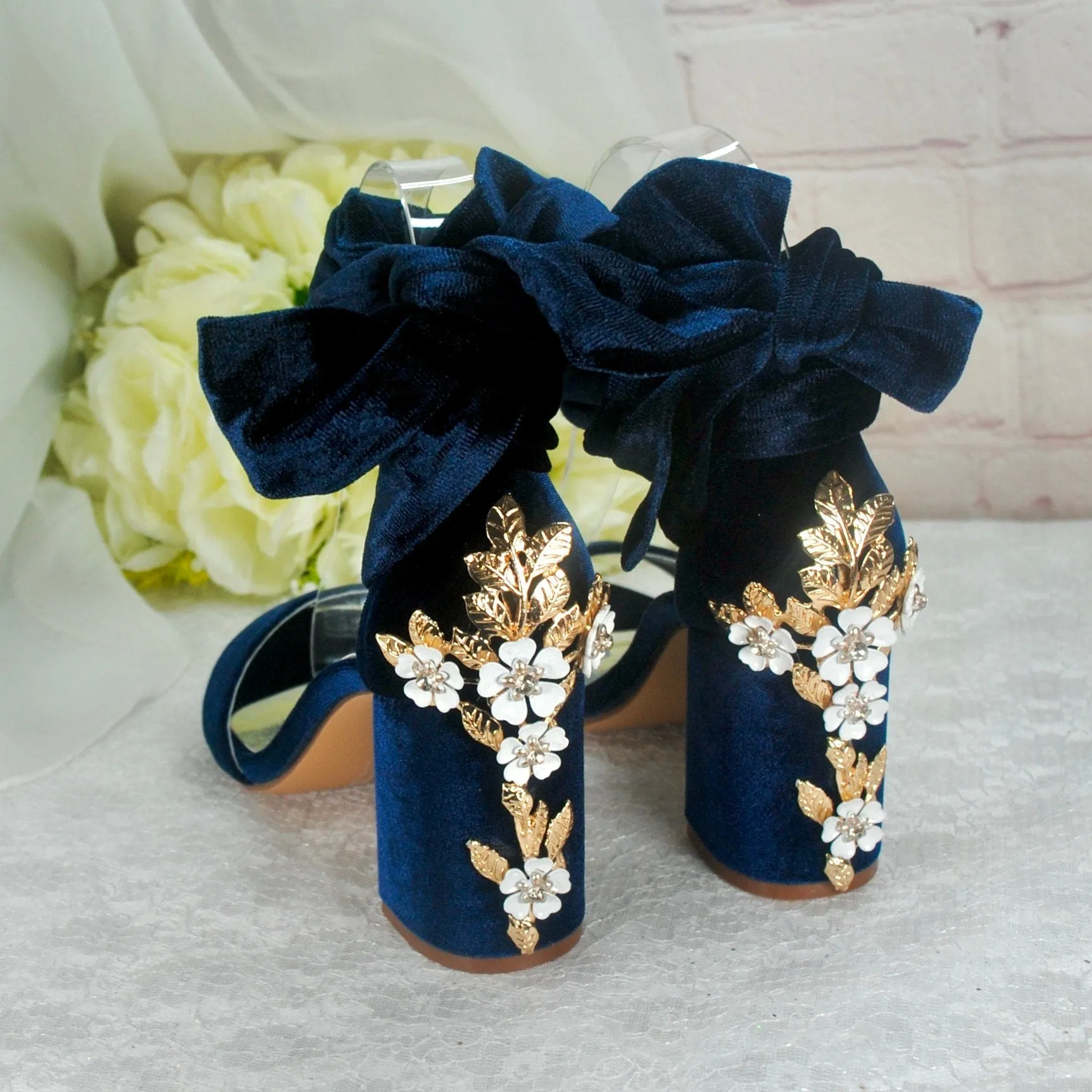 Navy Blue Velvet Block Heels with Cherry Blossom Size UK3 / US5.5