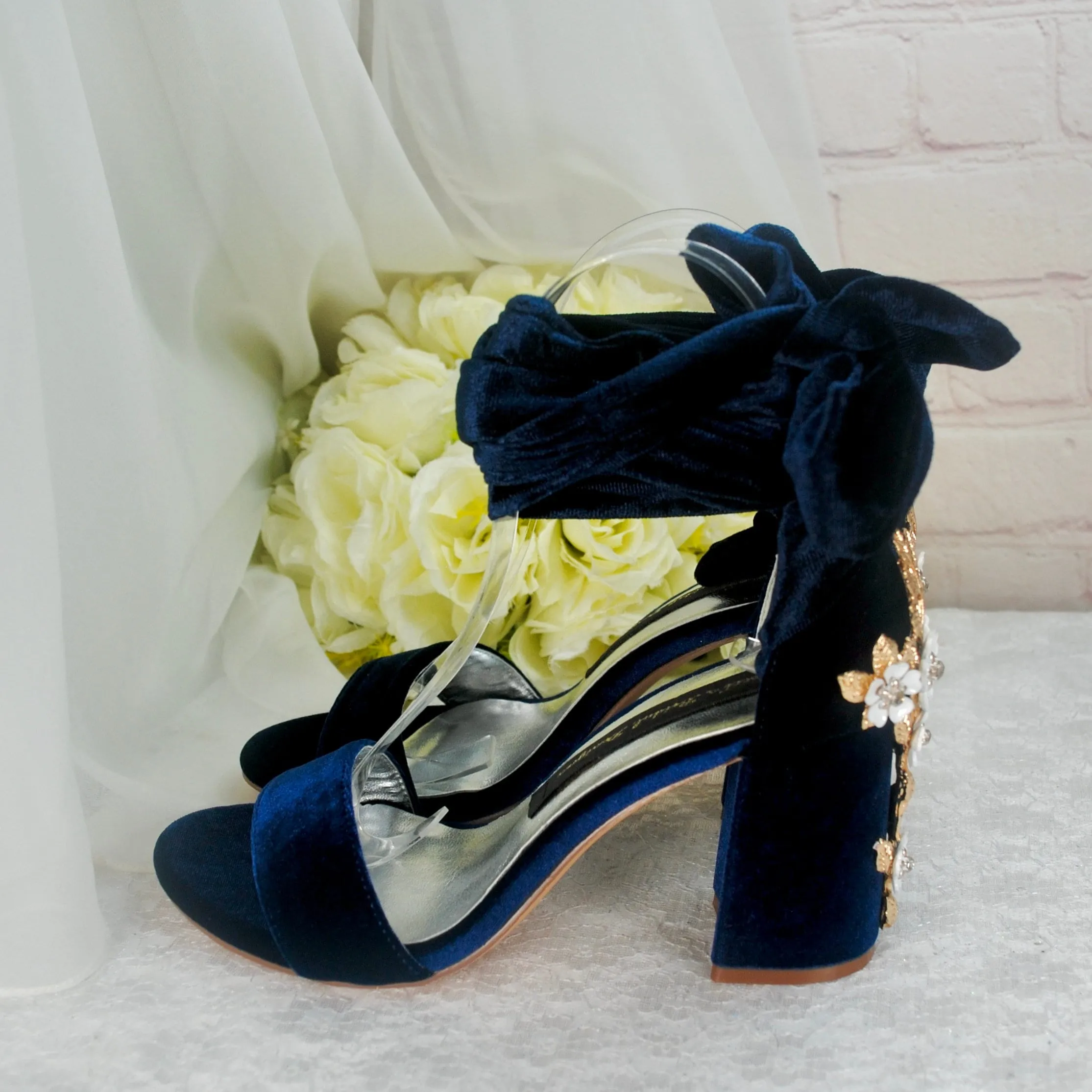 Navy Blue Velvet Block Heels with Cherry Blossom Size UK3 / US5.5