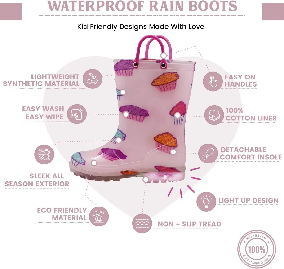NORTY PVC Rain Boots for Kids - Waterproof PVC Boots Boys and Girls Solid & Printed Rainboots for Toddlers and Kids - Light Up