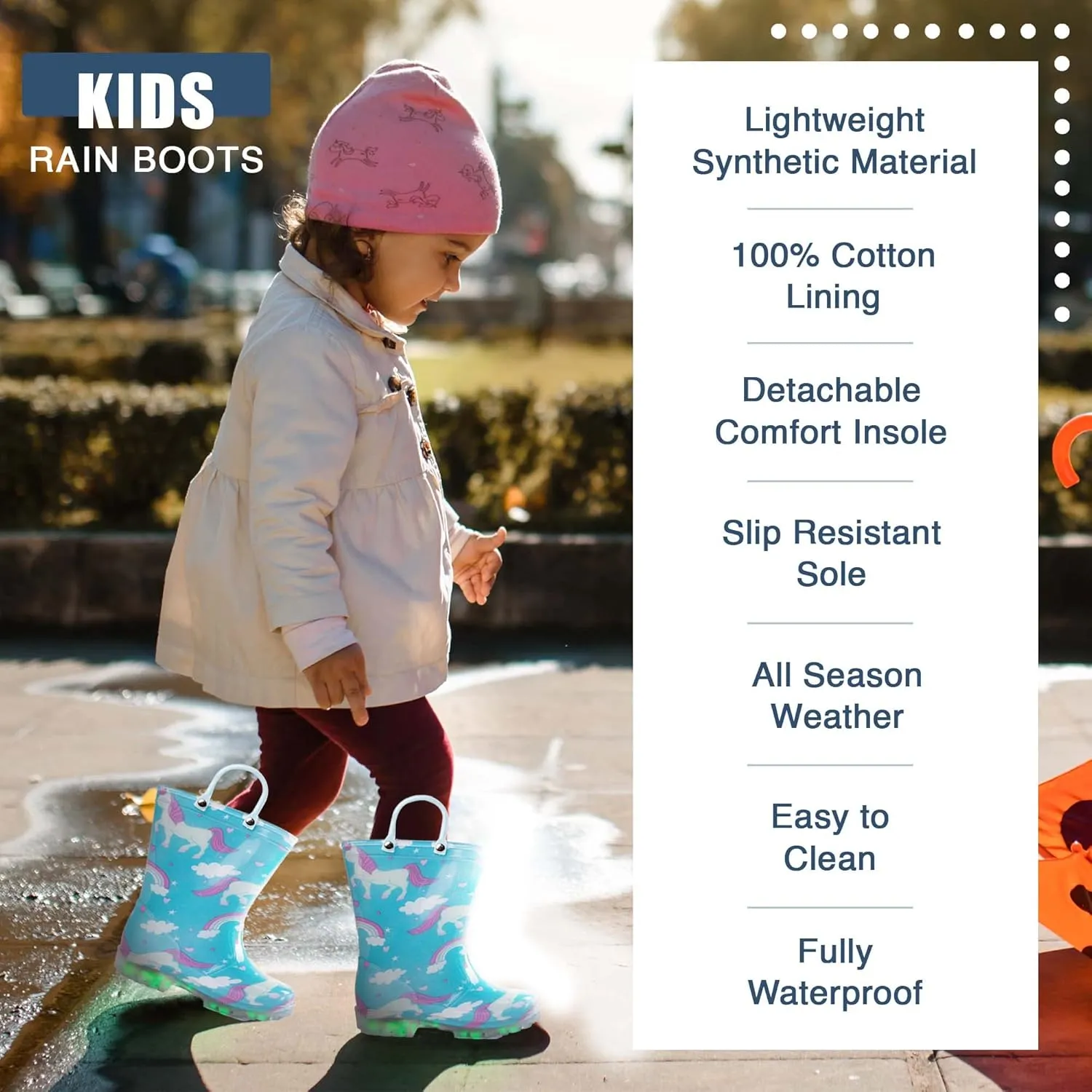 NORTY PVC Rain Boots for Kids - Waterproof PVC Boots Boys and Girls Solid & Printed Rainboots for Toddlers and Kids - Light Up