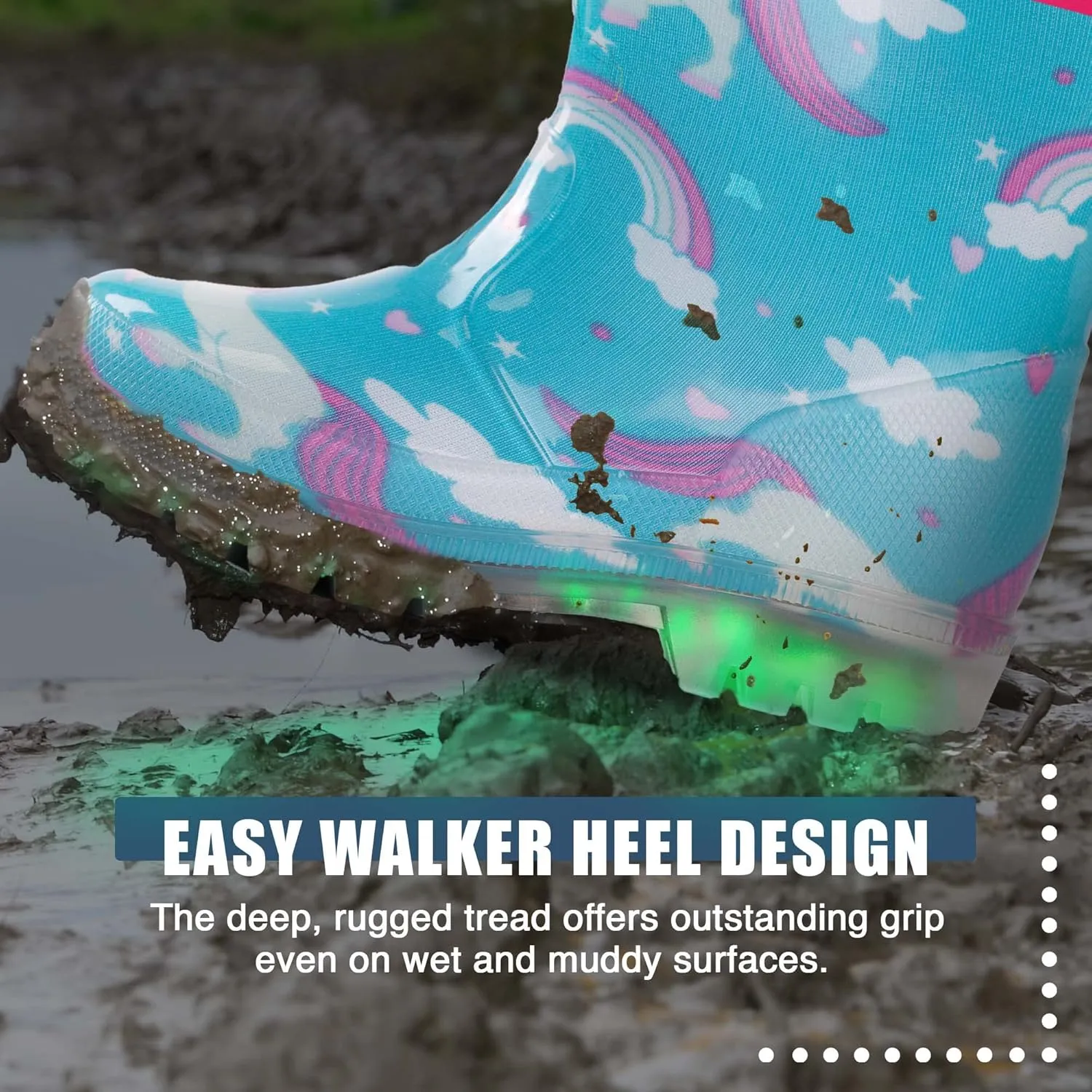 NORTY PVC Rain Boots for Kids - Waterproof PVC Boots Boys and Girls Solid & Printed Rainboots for Toddlers and Kids - Light Up