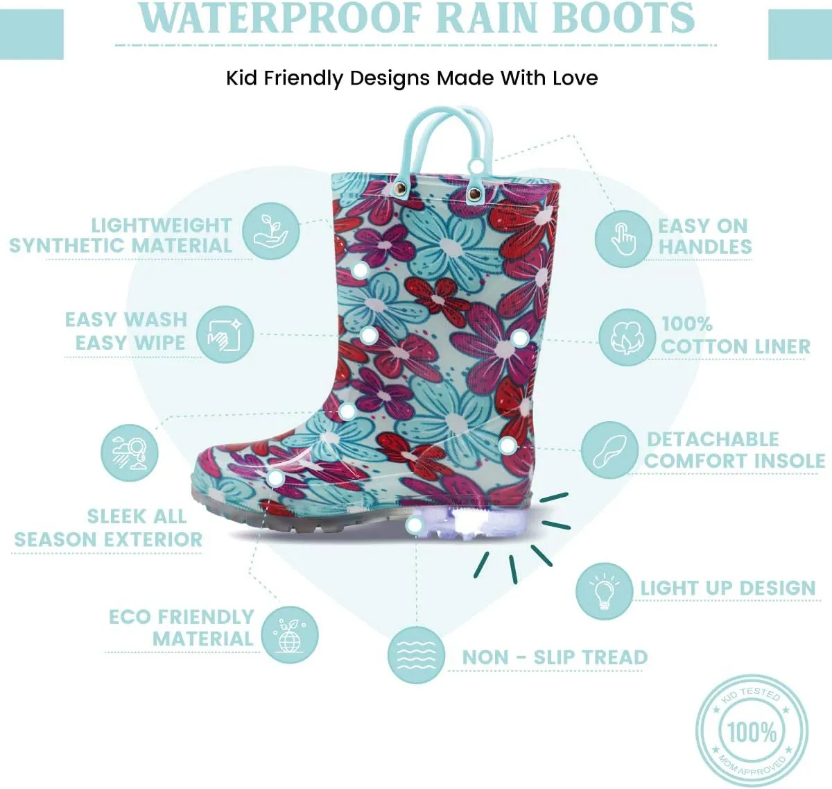 NORTY PVC Rain Boots for Kids - Waterproof PVC Boots Boys and Girls Solid & Printed Rainboots for Toddlers and Kids - Light Up