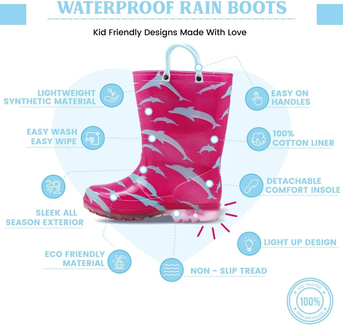 NORTY PVC Rain Boots for Kids - Waterproof PVC Boots Boys and Girls Solid & Printed Rainboots for Toddlers and Kids - Light Up