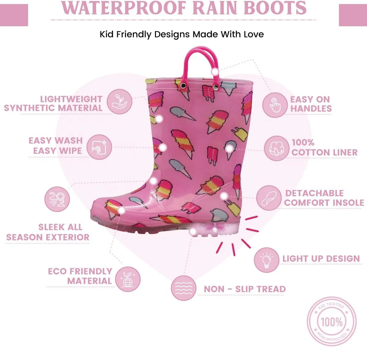 NORTY PVC Rain Boots for Kids - Waterproof PVC Boots Boys and Girls Solid & Printed Rainboots for Toddlers and Kids - Light Up