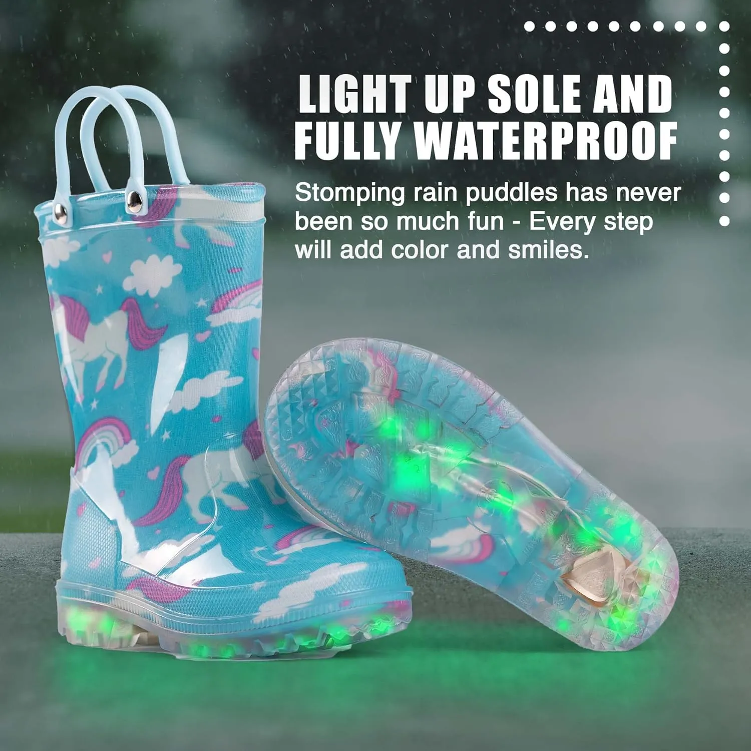 NORTY PVC Rain Boots for Kids - Waterproof PVC Boots Boys and Girls Solid & Printed Rainboots for Toddlers and Kids - Light Up