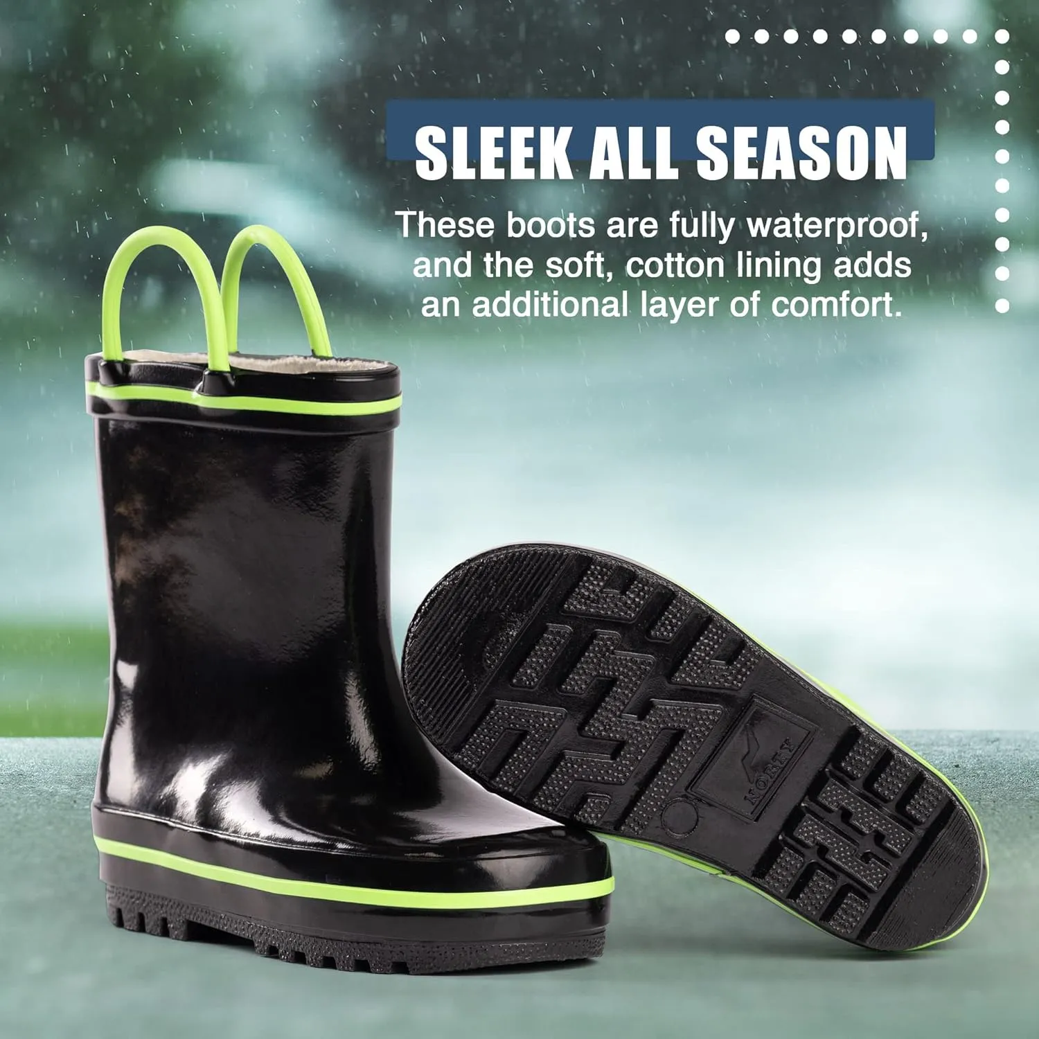 NORTY Rubber Rain Boots for Kids - Waterproof Rubber Boots Boys and Girls Solid & Printed Rainboots for Toddlers and Kids