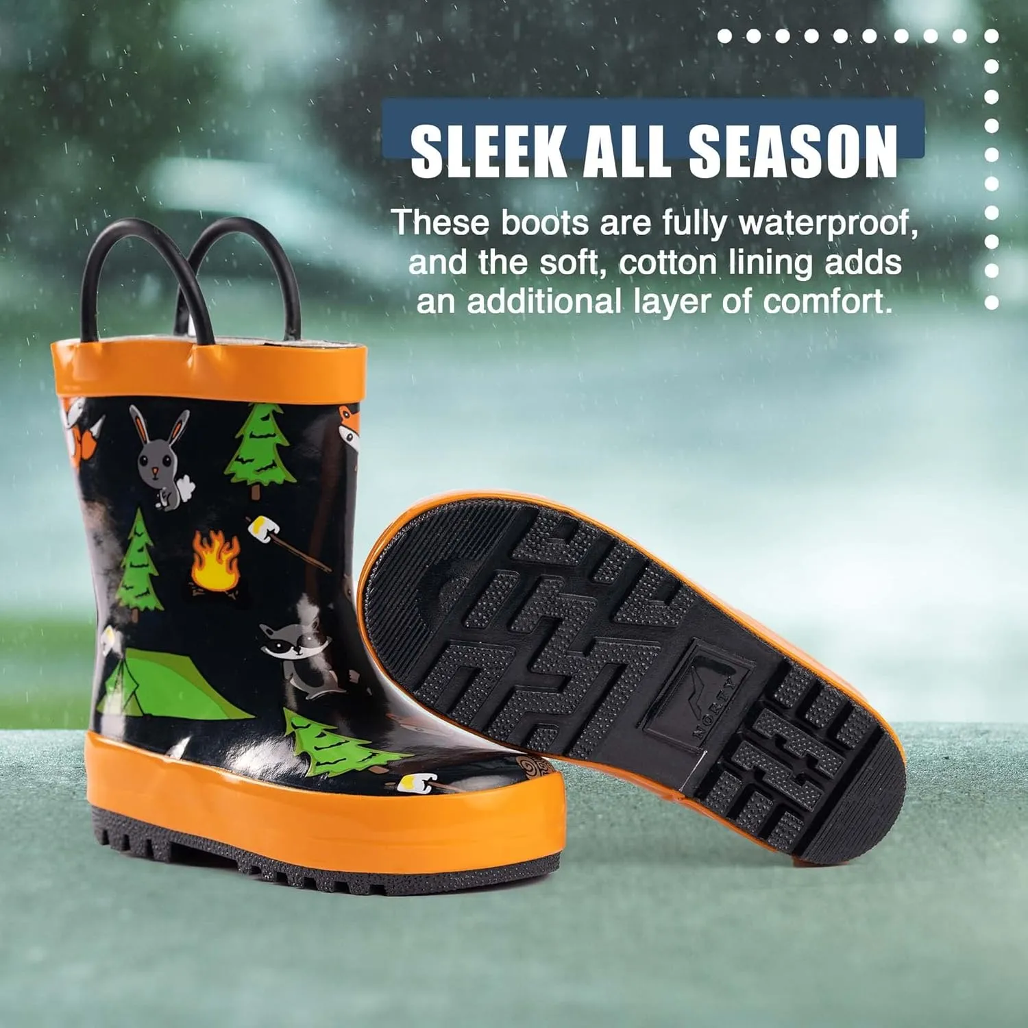 NORTY Rubber Rain Boots for Kids - Waterproof Rubber Boots Boys and Girls Solid & Printed Rainboots for Toddlers and Kids