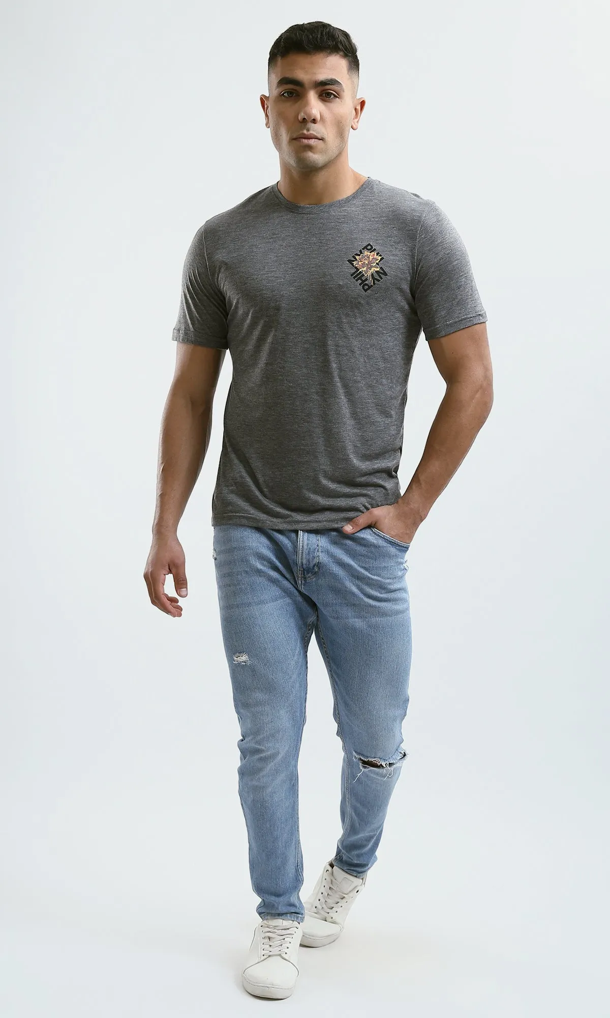 O182904 Heather Dark Grey Front & Back Print Short Sleeves Tee