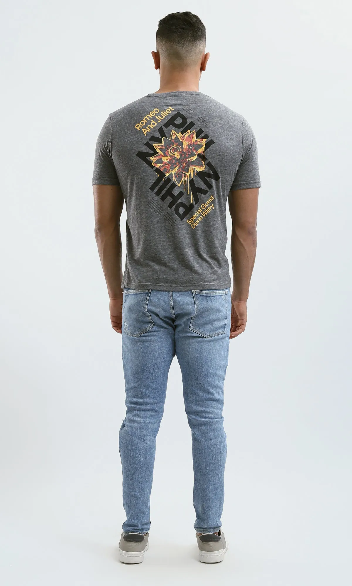 O182904 Heather Dark Grey Front & Back Print Short Sleeves Tee