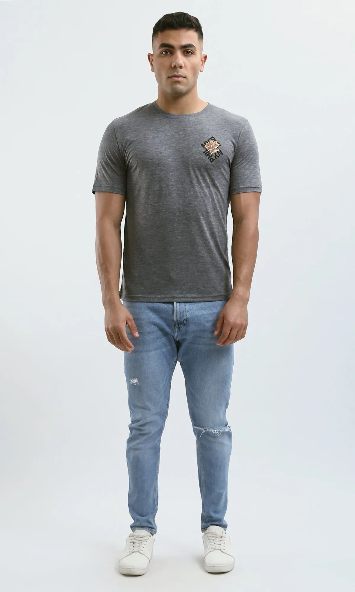 O182904 Heather Dark Grey Front & Back Print Short Sleeves Tee