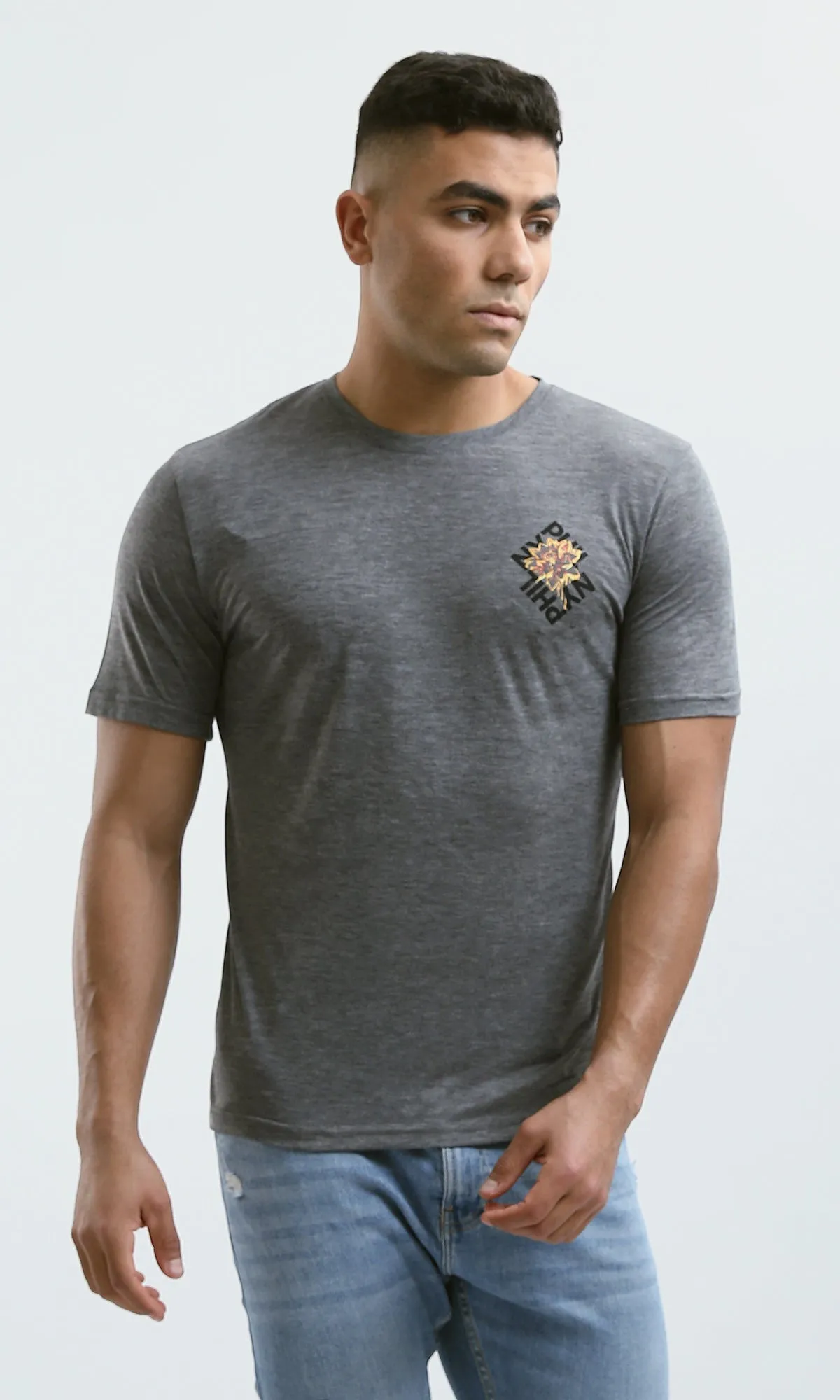 O182904 Heather Dark Grey Front & Back Print Short Sleeves Tee