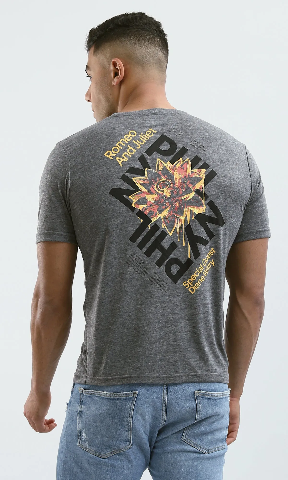 O182904 Heather Dark Grey Front & Back Print Short Sleeves Tee