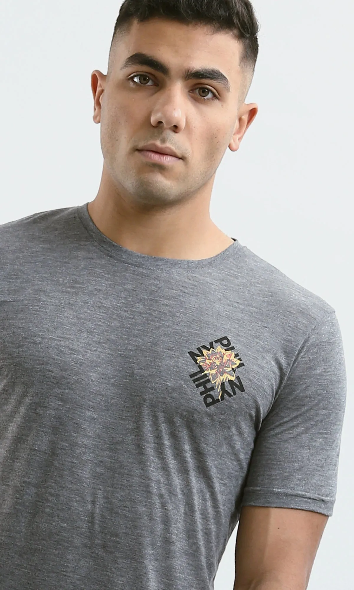 O182904 Heather Dark Grey Front & Back Print Short Sleeves Tee