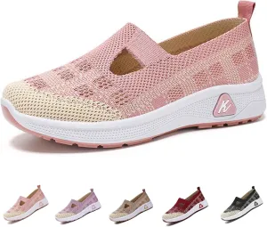 Orthowalkway Womens Shoes, Outdoor Women's Comfortable Breathable Knitted Orthopedic Walking Shoes, Orthopedic Slip-On Leisure Flat Soft Shoes