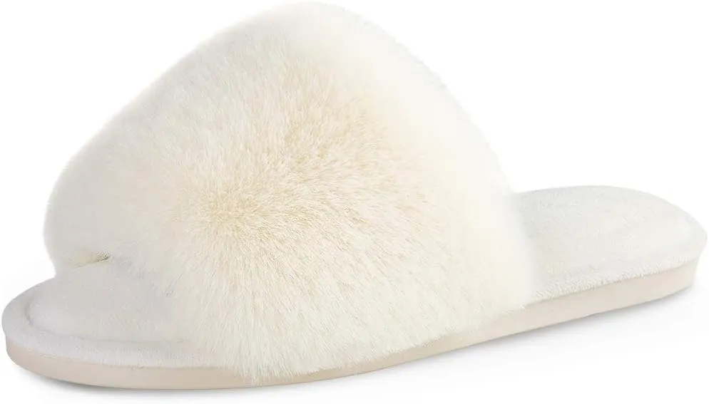 Parlovable Women's Faux Fur Slippers Fuzzy Flat Spa Fluffy Open Toe House Shoes Indoor Outdoor Slip on Memory Foam Slide Sandals