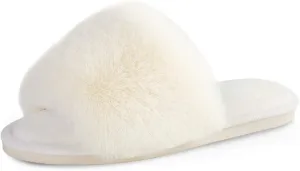Parlovable Women's Faux Fur Slippers Fuzzy Flat Spa Fluffy Open Toe House Shoes Indoor Outdoor Slip on Memory Foam Slide Sandals