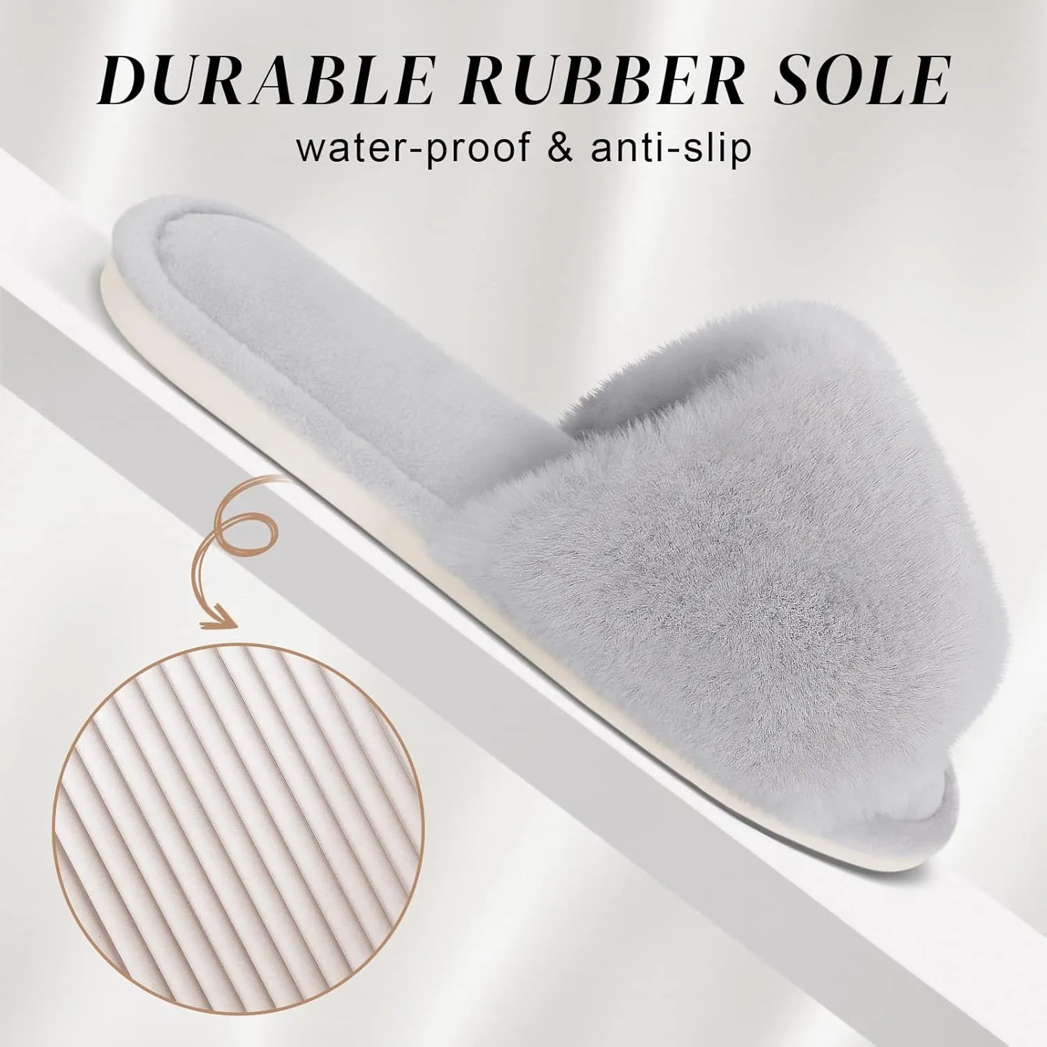 Parlovable Women's Faux Fur Slippers Fuzzy Flat Spa Fluffy Open Toe House Shoes Indoor Outdoor Slip on Memory Foam Slide Sandals