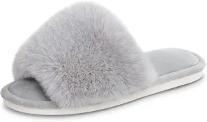 Parlovable Women's Faux Fur Slippers Fuzzy Flat Spa Fluffy Open Toe House Shoes Indoor Outdoor Slip on Memory Foam Slide Sandals