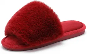 Parlovable Women's Faux Fur Slippers Fuzzy Flat Spa Fluffy Open Toe House Shoes Indoor Outdoor Slip on Memory Foam Slide Sandals
