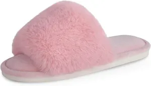 Parlovable Women's Faux Fur Slippers Fuzzy Flat Spa Fluffy Open Toe House Shoes Indoor Outdoor Slip on Memory Foam Slide Sandals