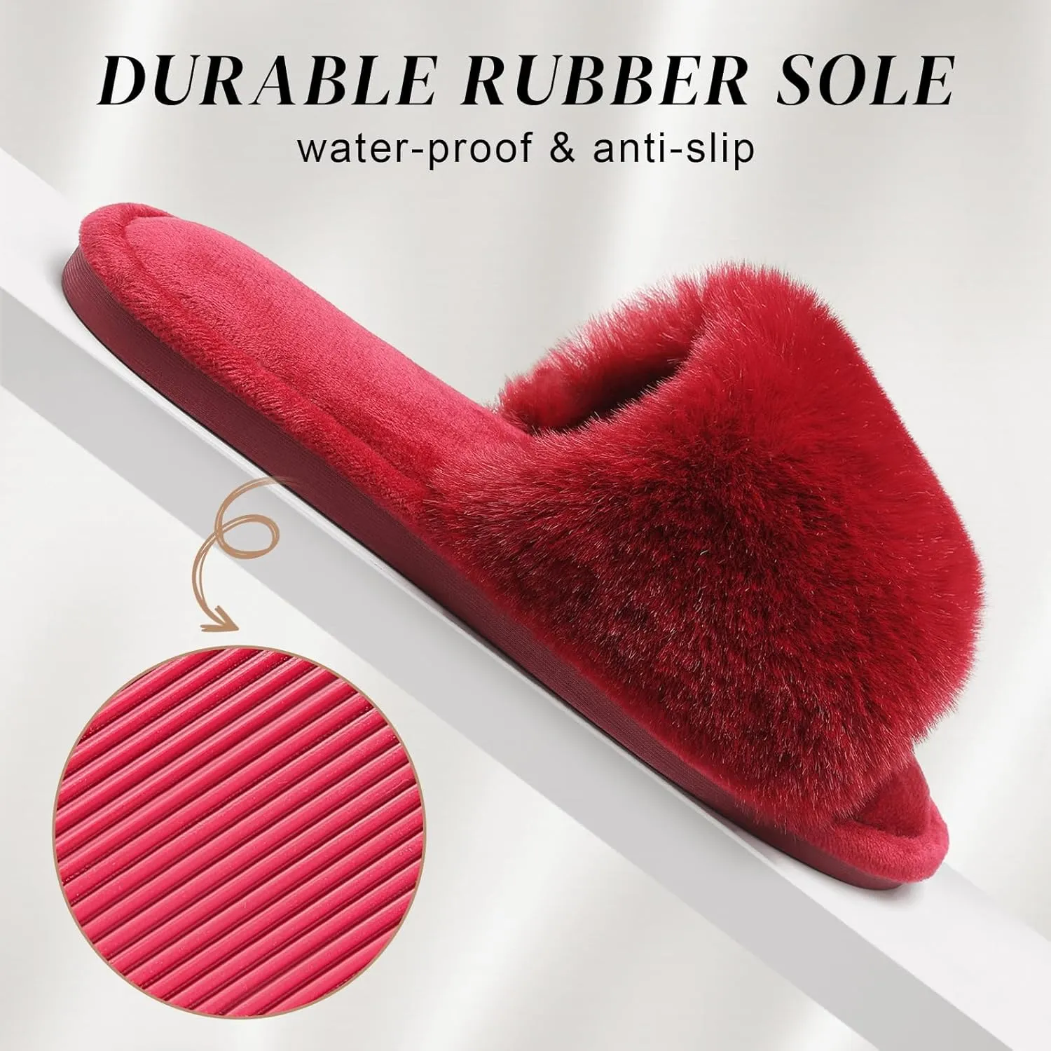 Parlovable Women's Faux Fur Slippers Fuzzy Flat Spa Fluffy Open Toe House Shoes Indoor Outdoor Slip on Memory Foam Slide Sandals