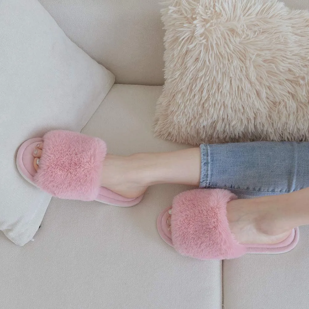 Parlovable Women's Faux Fur Slippers Fuzzy Flat Spa Fluffy Open Toe House Shoes Indoor Outdoor Slip on Memory Foam Slide Sandals