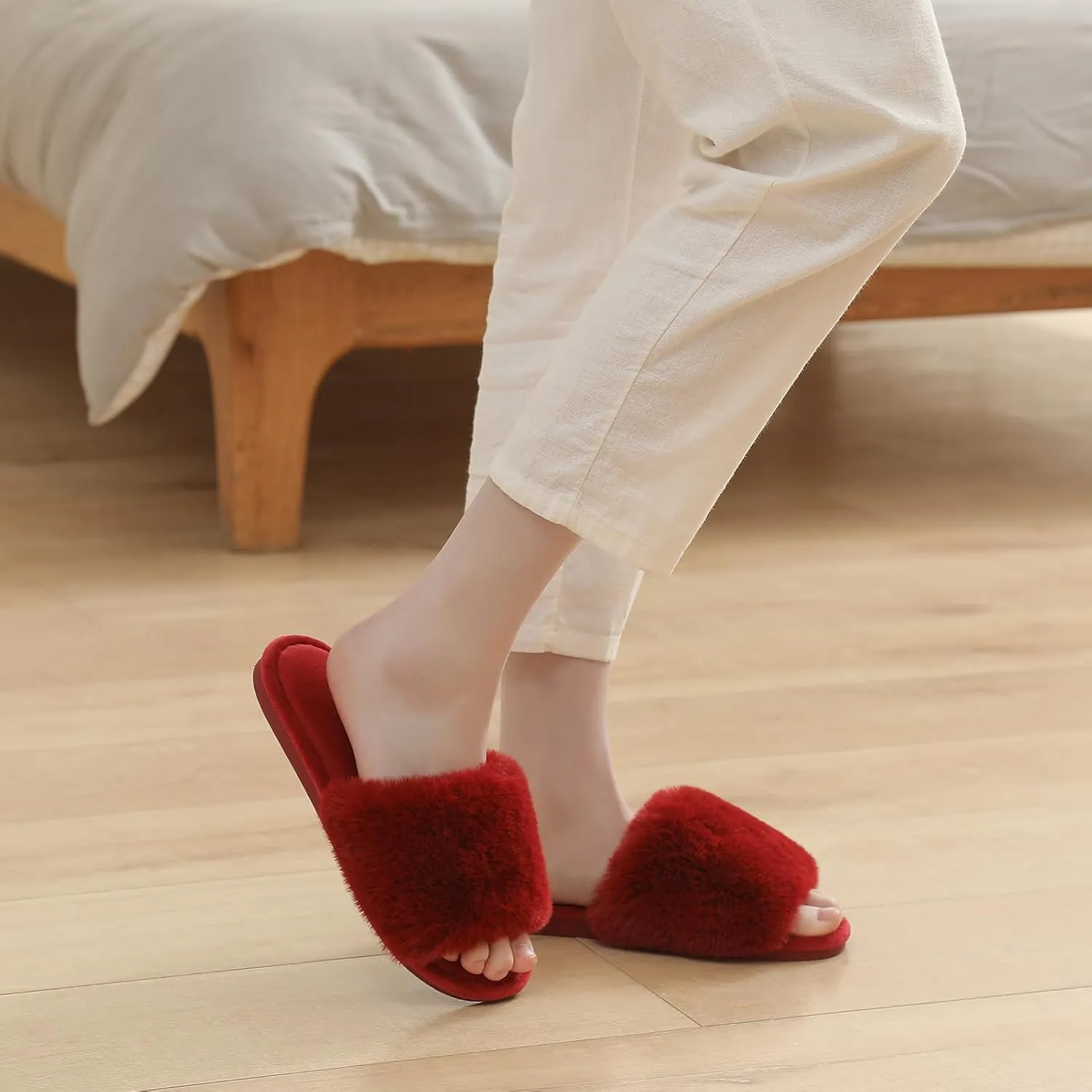 Parlovable Women's Faux Fur Slippers Fuzzy Flat Spa Fluffy Open Toe House Shoes Indoor Outdoor Slip on Memory Foam Slide Sandals