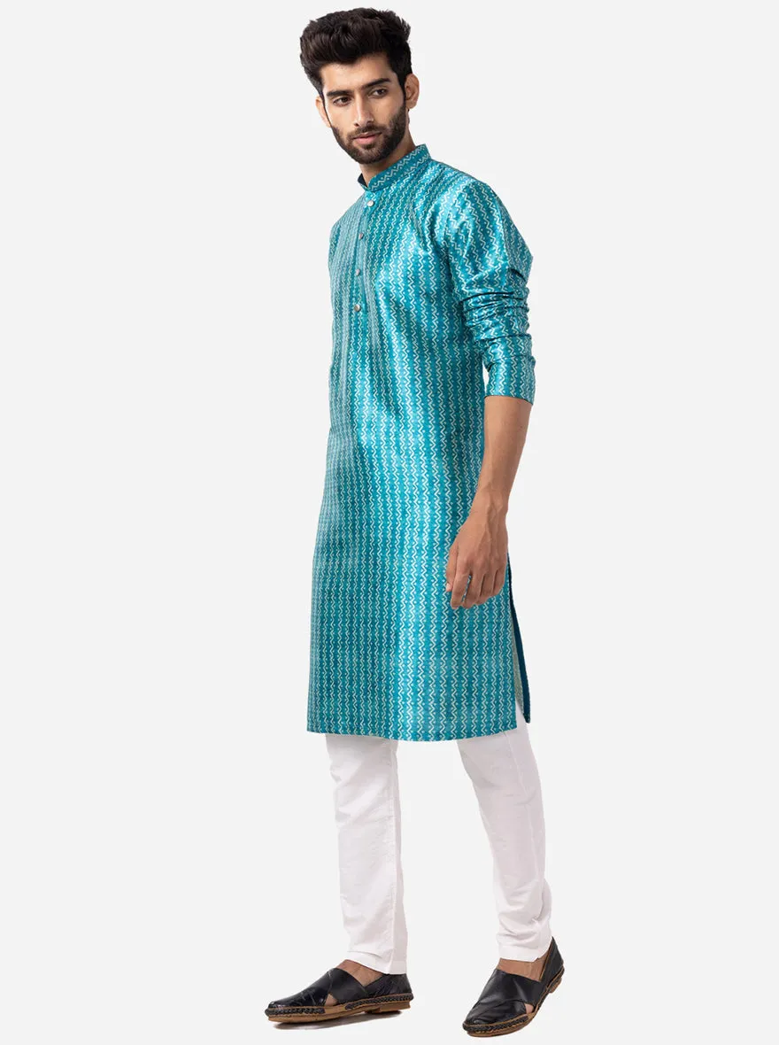 Peacock Blue Printed Silk Blend Kurta for Men
