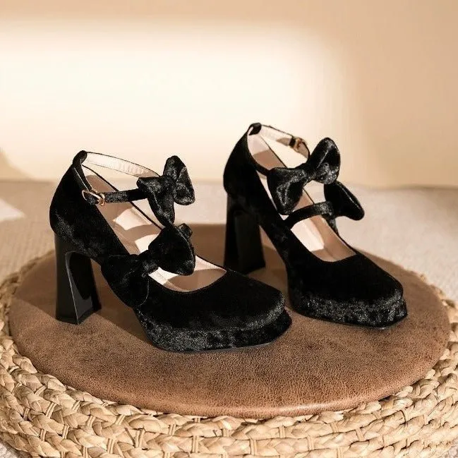 Pink Velvet Gothic Heels with Bow - Gothic High Heels