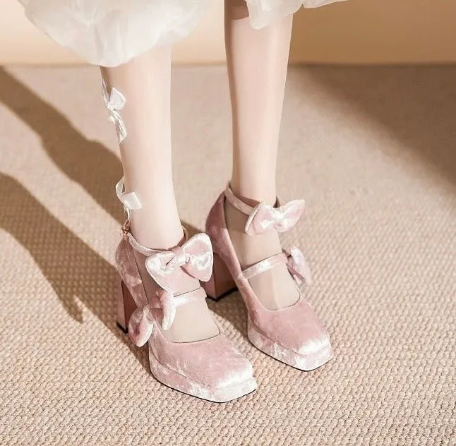 Pink Velvet Gothic Heels with Bow - Gothic High Heels