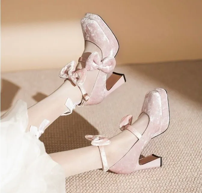 Pink Velvet Gothic Heels with Bow - Gothic High Heels
