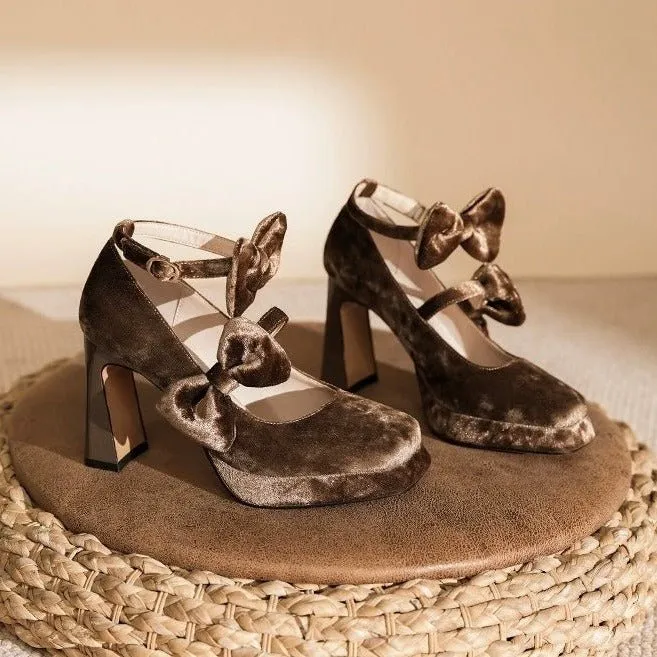 Pink Velvet Gothic Heels with Bow - Gothic High Heels