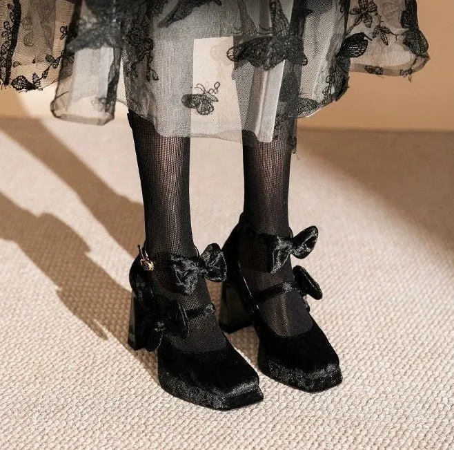 Pink Velvet Gothic Heels with Bow - Gothic High Heels