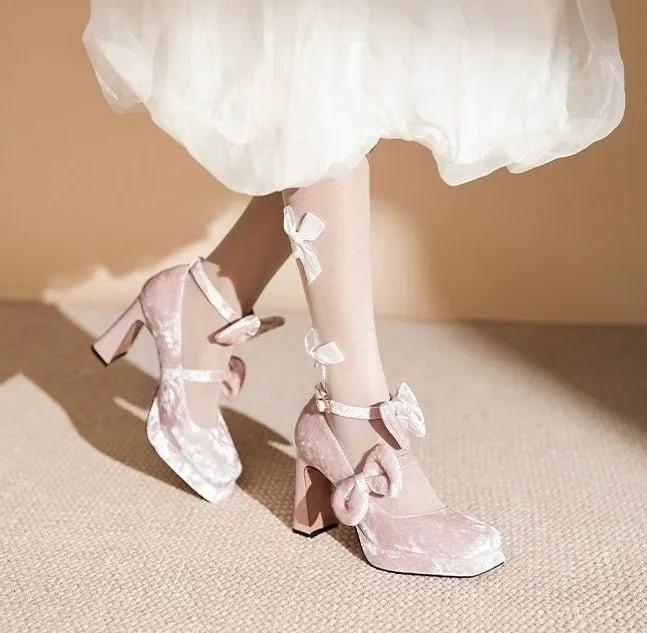 Pink Velvet Gothic Heels with Bow - Gothic High Heels