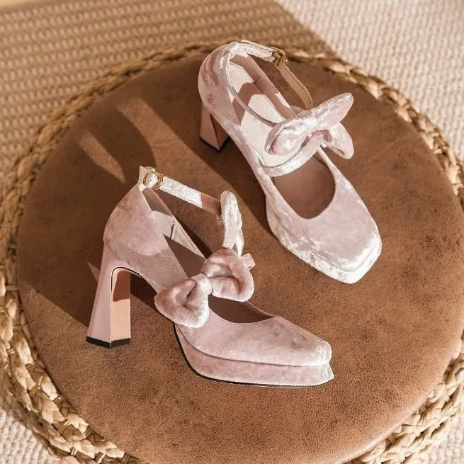 Pink Velvet Gothic Heels with Bow - Gothic High Heels
