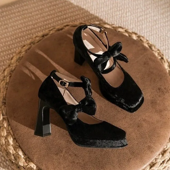 Pink Velvet Gothic Heels with Bow - Gothic High Heels