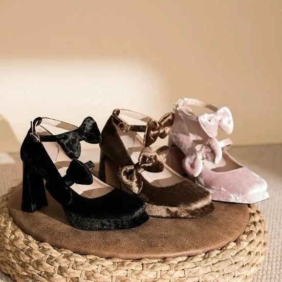 Pink Velvet Gothic Heels with Bow - Gothic High Heels