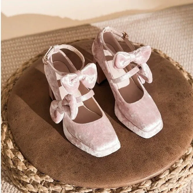Pink Velvet Gothic Heels with Bow - Gothic High Heels