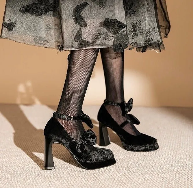 Pink Velvet Gothic Heels with Bow - Gothic High Heels