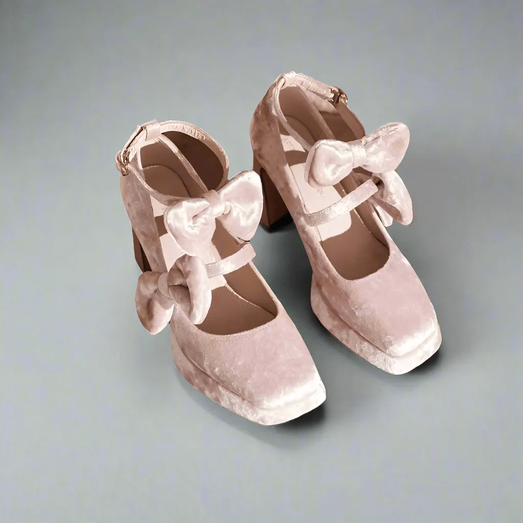 Pink Velvet Gothic Heels with Bow - Gothic High Heels