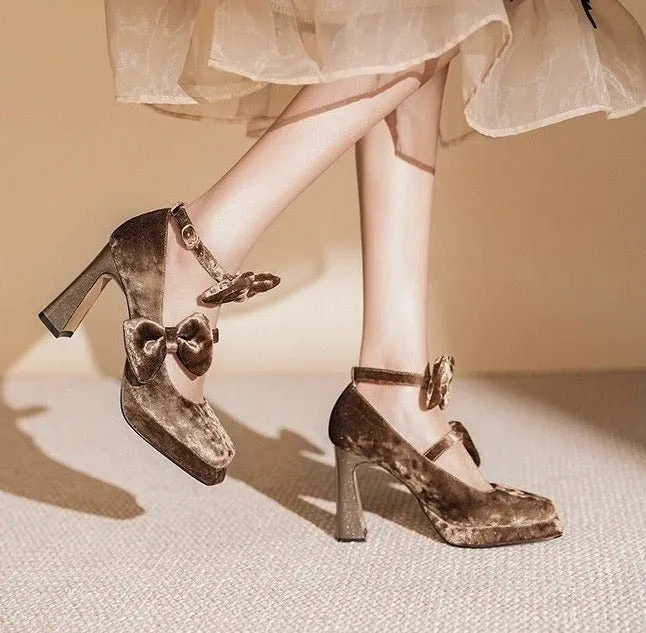 Pink Velvet Gothic Heels with Bow - Gothic High Heels