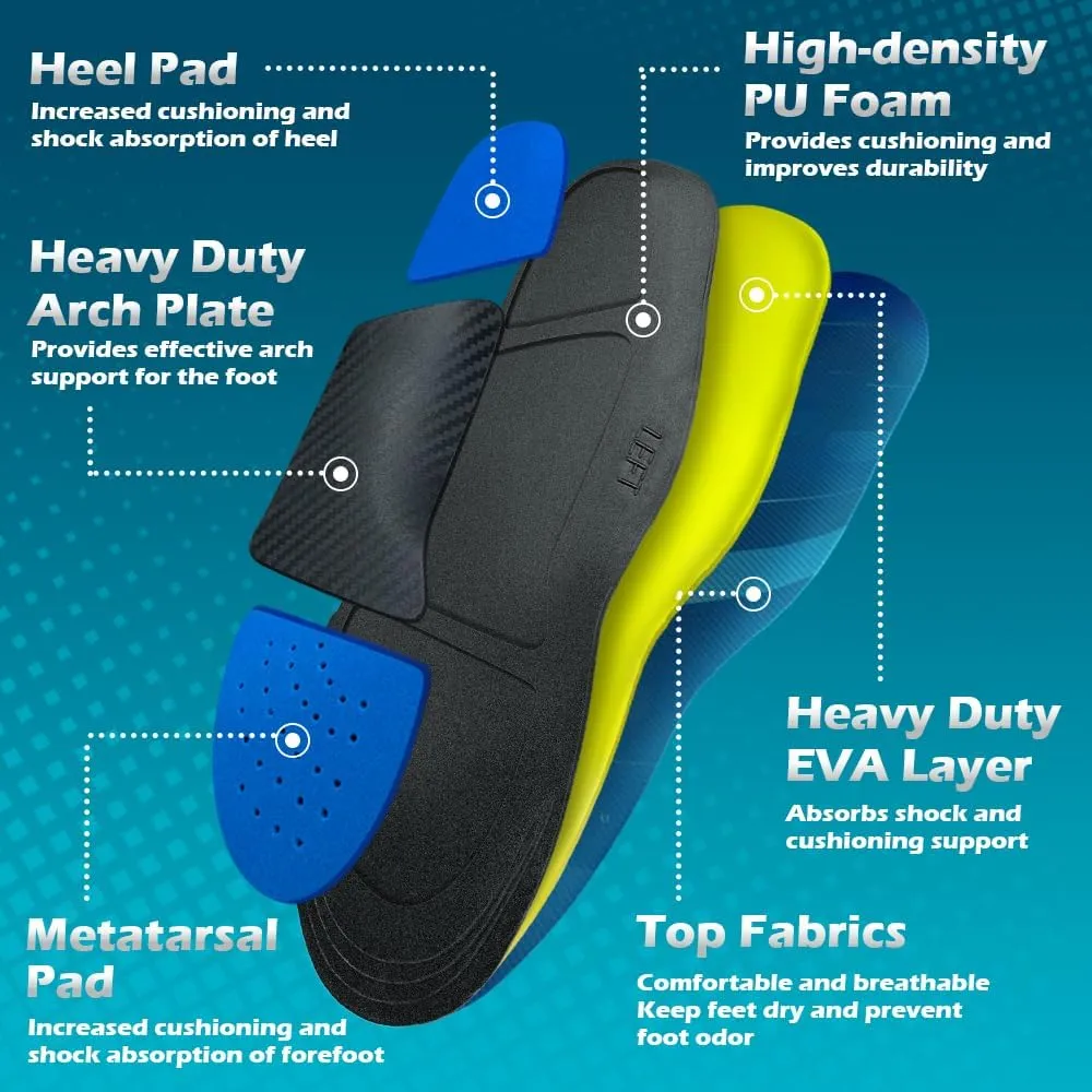 Plantar Fasciitis Insoles, 220 lbs Heavy Duty High Arch Support Inserts, Comfort Orthotics Insoles for Flat Feet and Foot Pain Relief, Work Boot Insoles for Men Women (290MM)